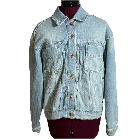 Anthropologie Pilcro Pleated Front Denim Jacket  Sz. XS Light Wash Back Buckle - Picture 1 of 16